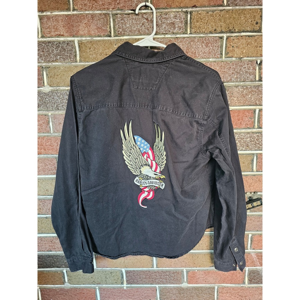 Harley Davidson Womens Black denim Eagle flag Graphic Snap Front Shirt Jacket M